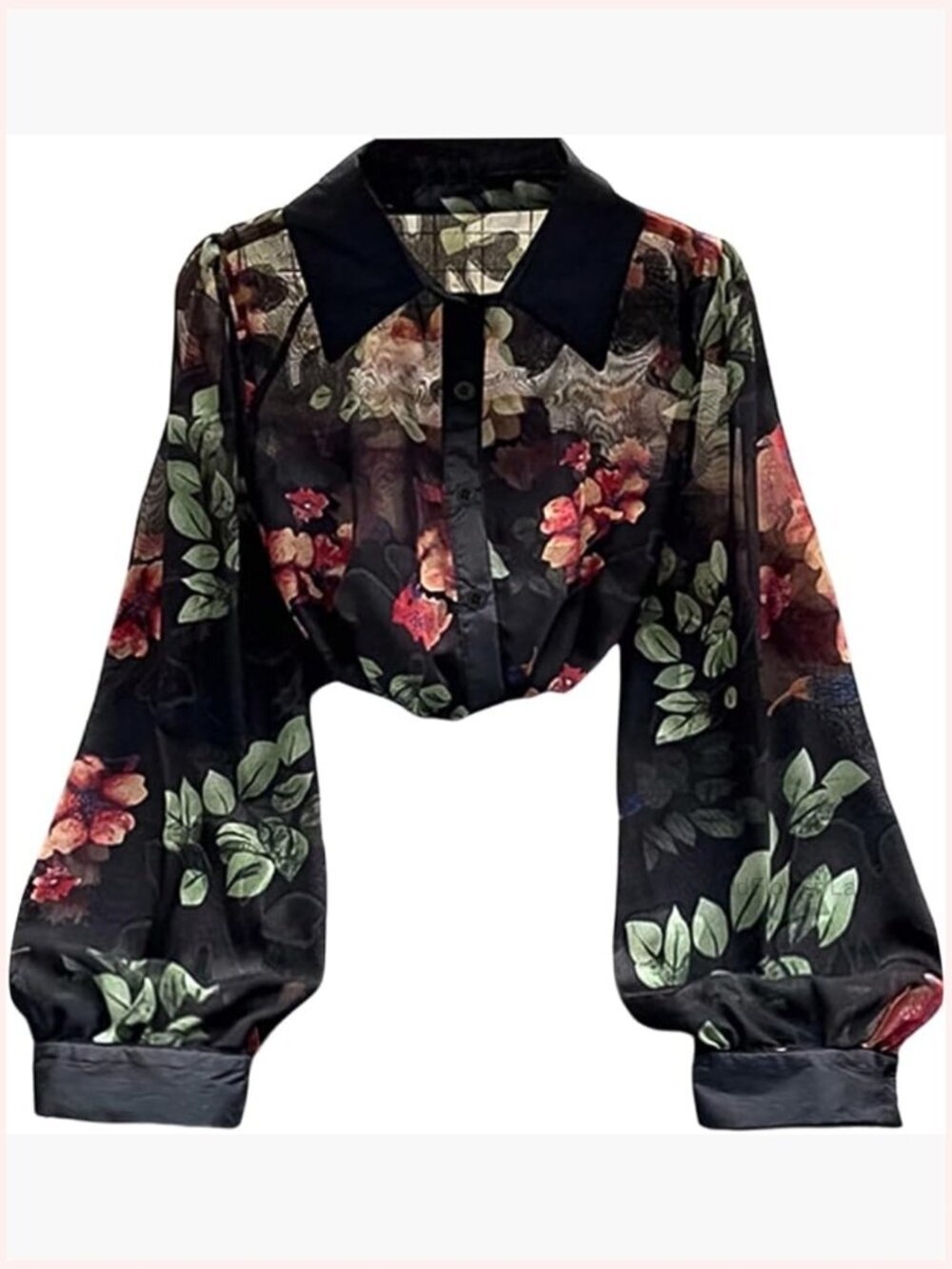 Sheer Floral Mesh Long Sleeve Button Down Blouse Tops